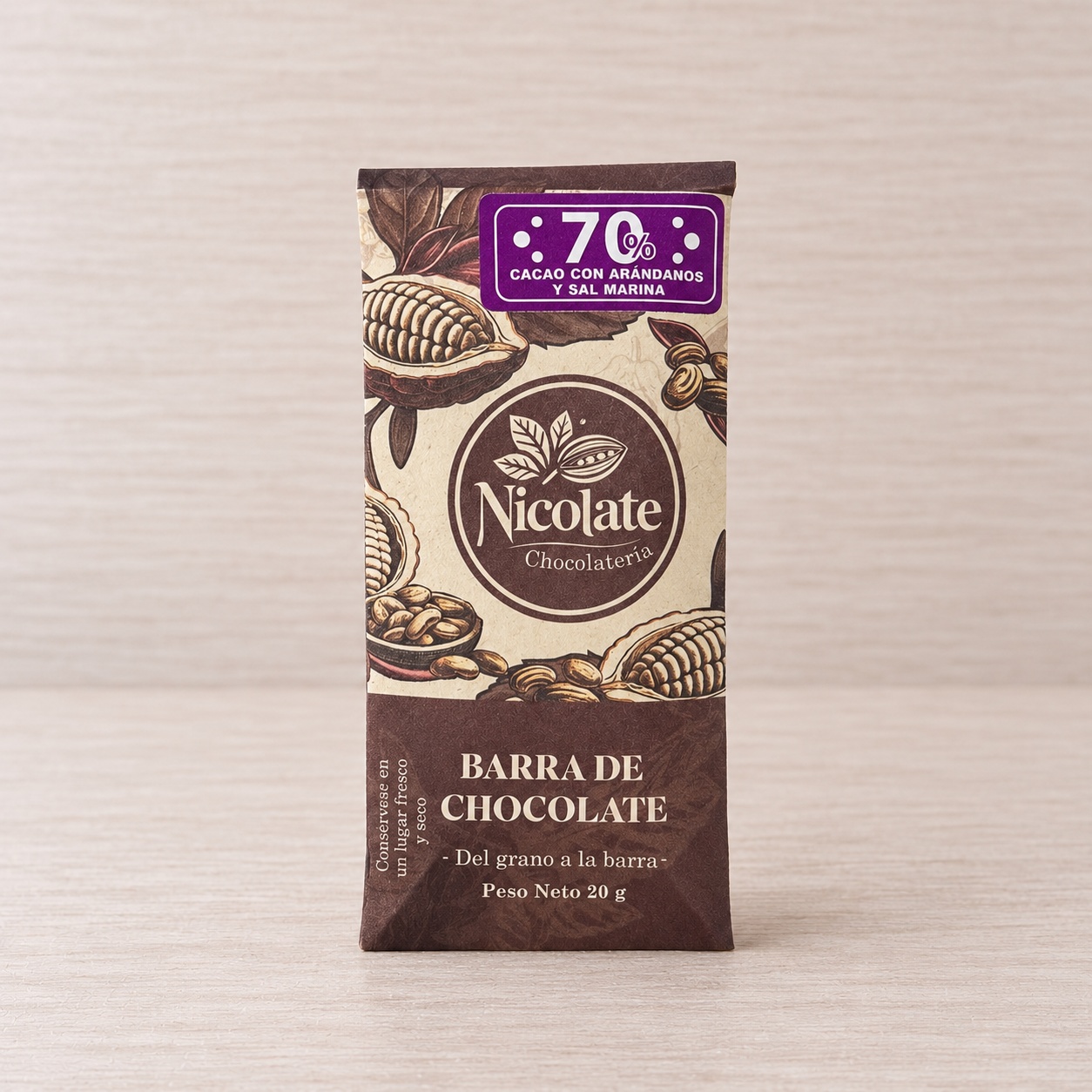 Barra de cacao 70% con sal marina y arándanos * 20 g