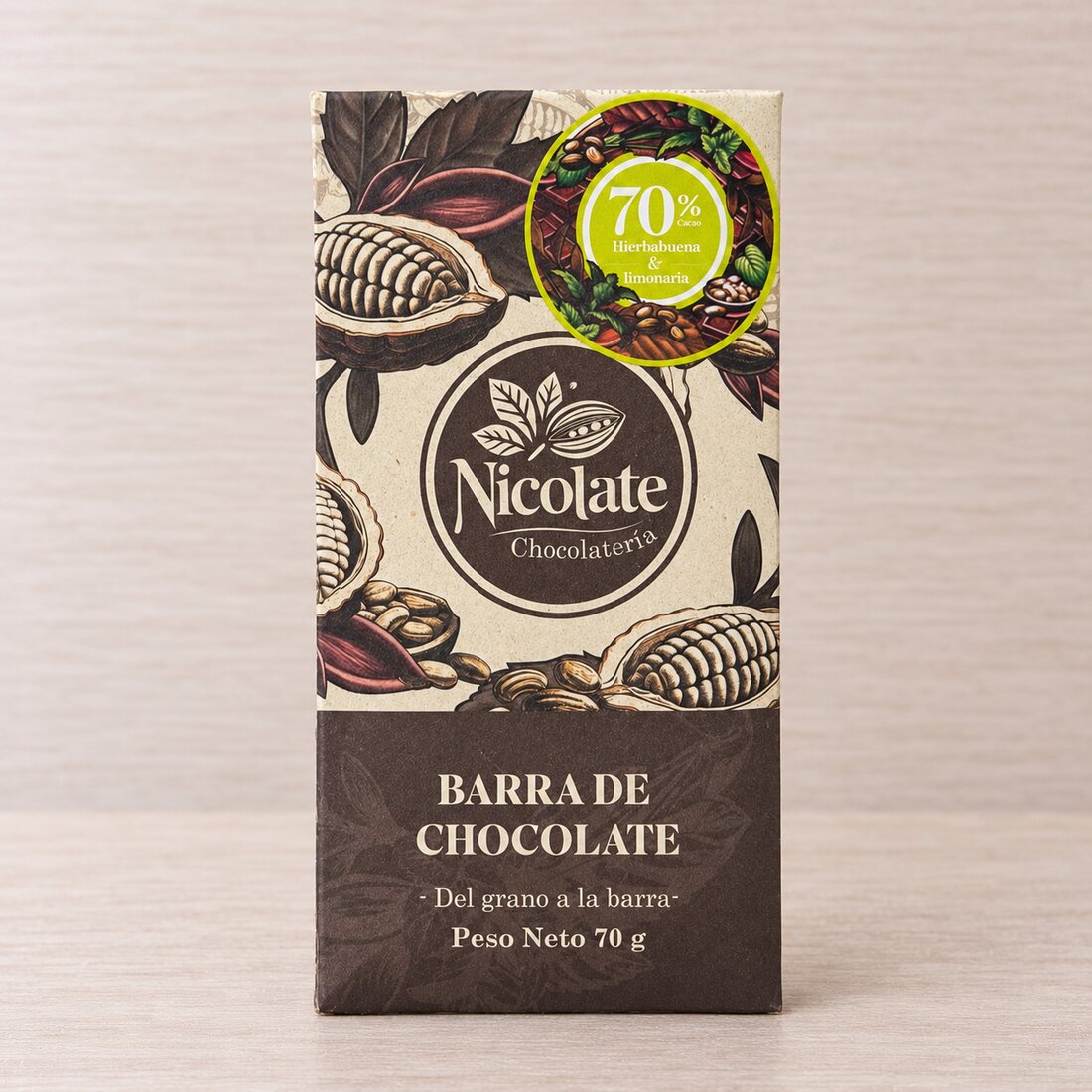 Barra de cacao 70% con hierbabuena y limonaria * 70 g