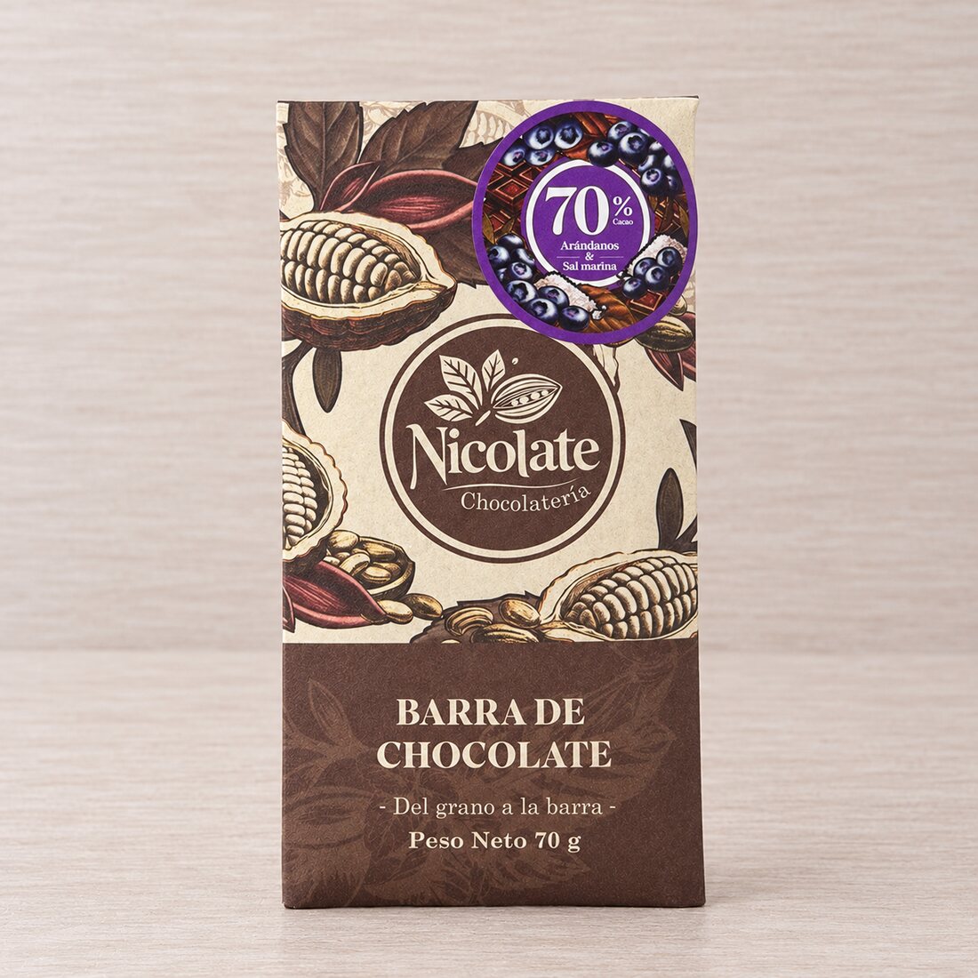 Barra de cacao 70% arándanos y sal marina - 70 g