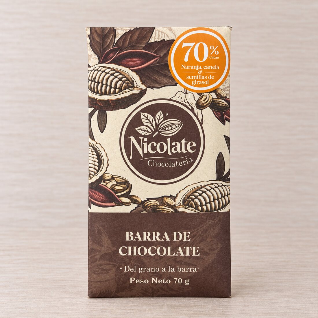 Barra de cacao 70% naranja, canela y semillas de girasol - 70 g